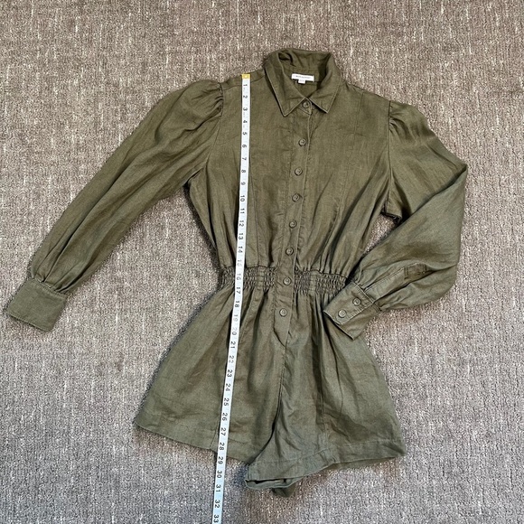 WeWoreWhat Linen Smocked-Waist Puff-Sleeve Romper Olive Green Size XS - Picture 6 of 10